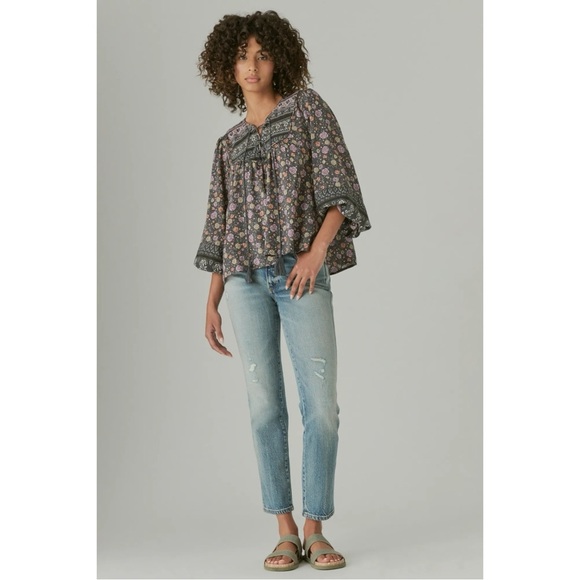 Lucky Brand Bohemian Hippie Retro 70s Lace Up Peasant Blouse Size Large - Picture 3 of 15